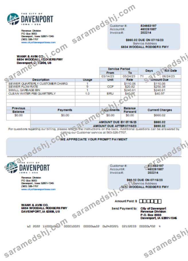 Iowa City of Davenport utility business bill, Word and PDF template scr